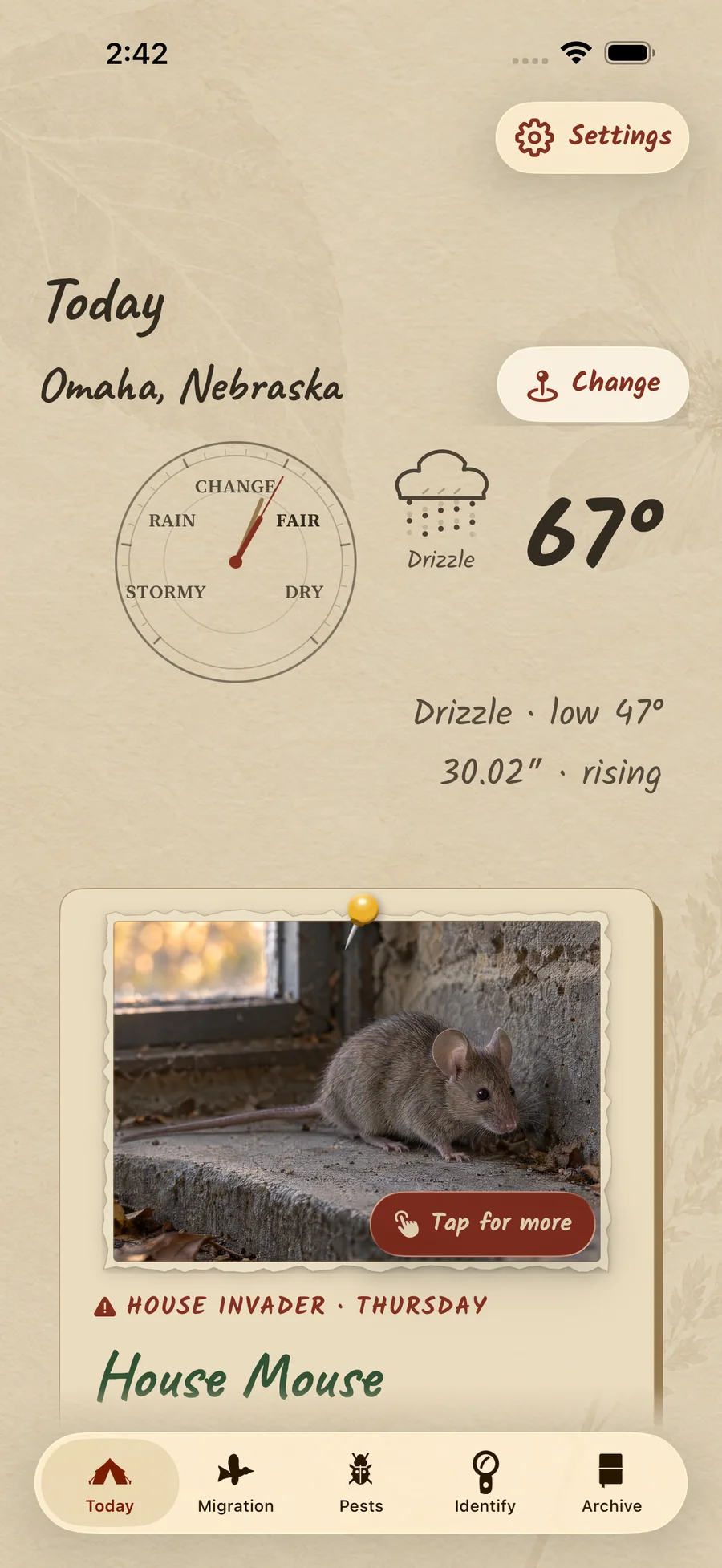 Backporch Today for Omaha, Nebraska: a barometer, 67 degrees and drizzle, and a photo of a house mouse marked House invader, Thursday
