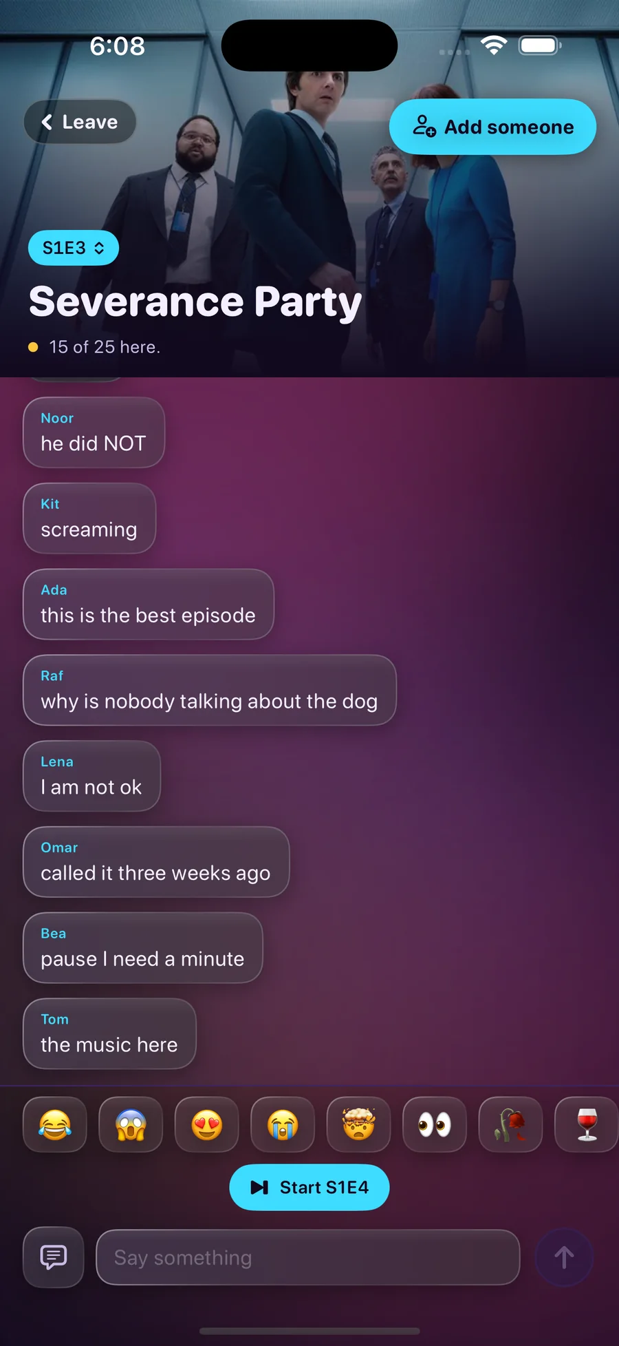 A Couchy chat party for Severance with 15 of 25 people in the room, messages scrolling and a Start S1E4 button