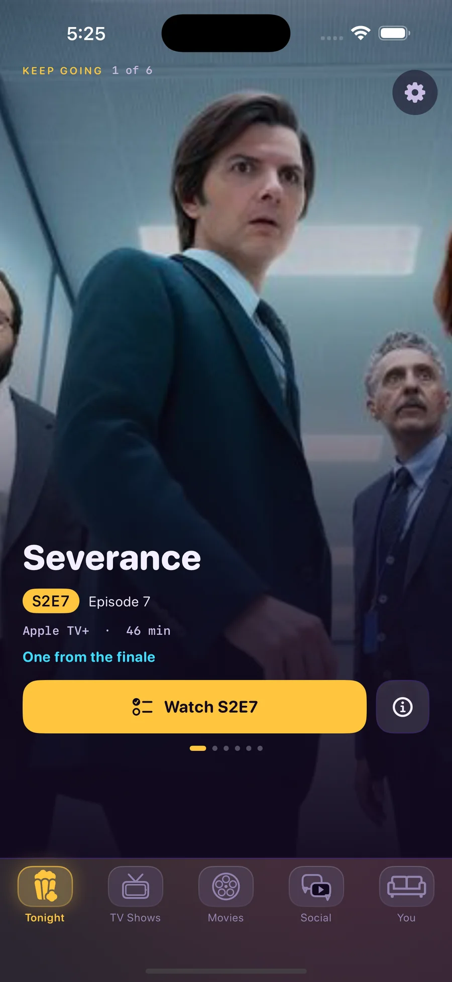 Couchy's Tonight screen: Severance season 2, episode 7, 46 minutes, one from the finale, with a Watch S2E7 button