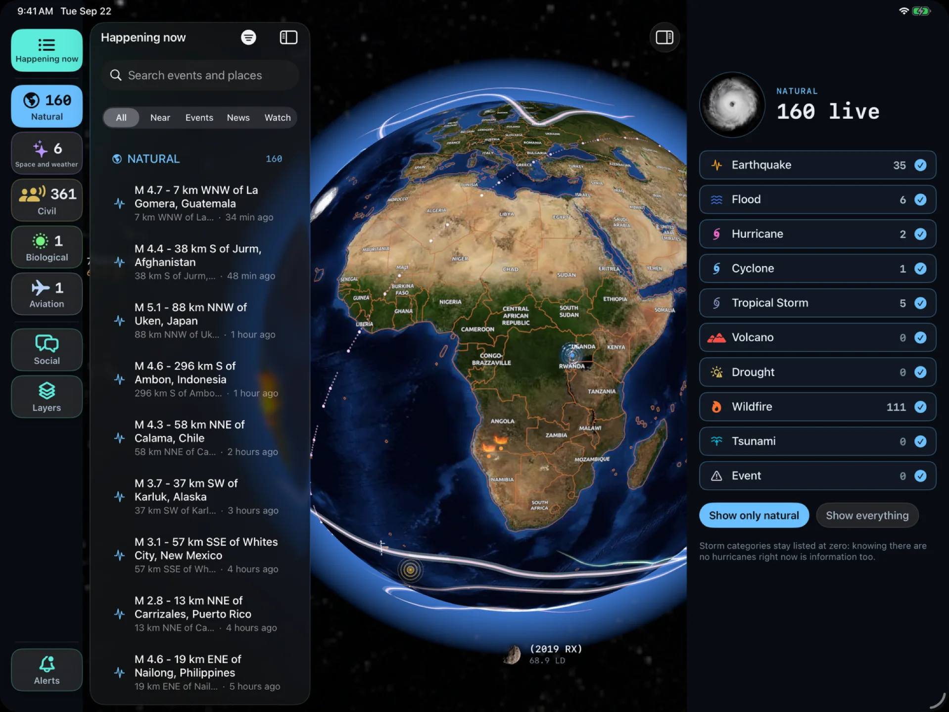 Restless Planet on iPad: Africa on the globe with live wildfire and earthquake pins, the latest earthquakes listed on the left and 160 live natural events on the right