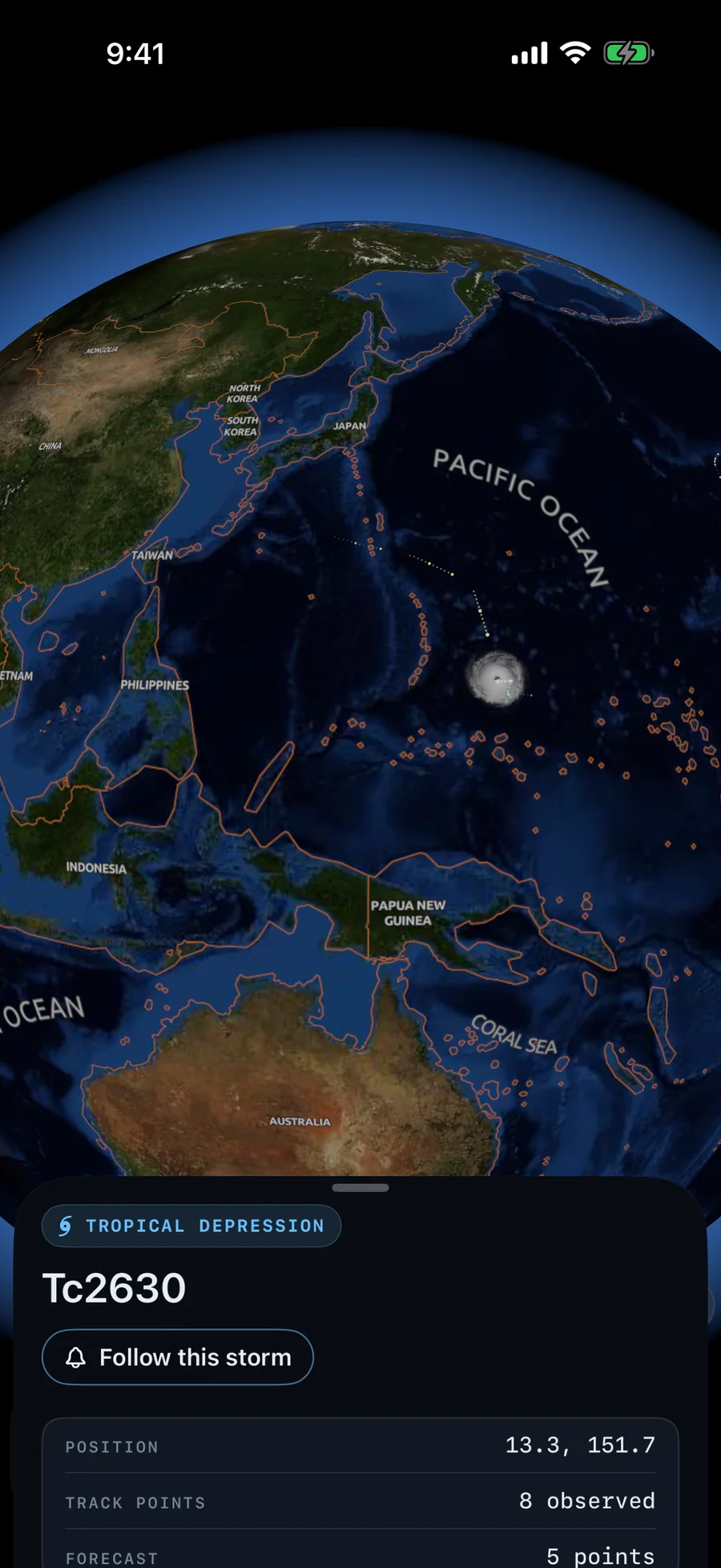 Restless Planet on iPhone: tropical depression Tc2630 over the Pacific, with its position and 8 observed track points