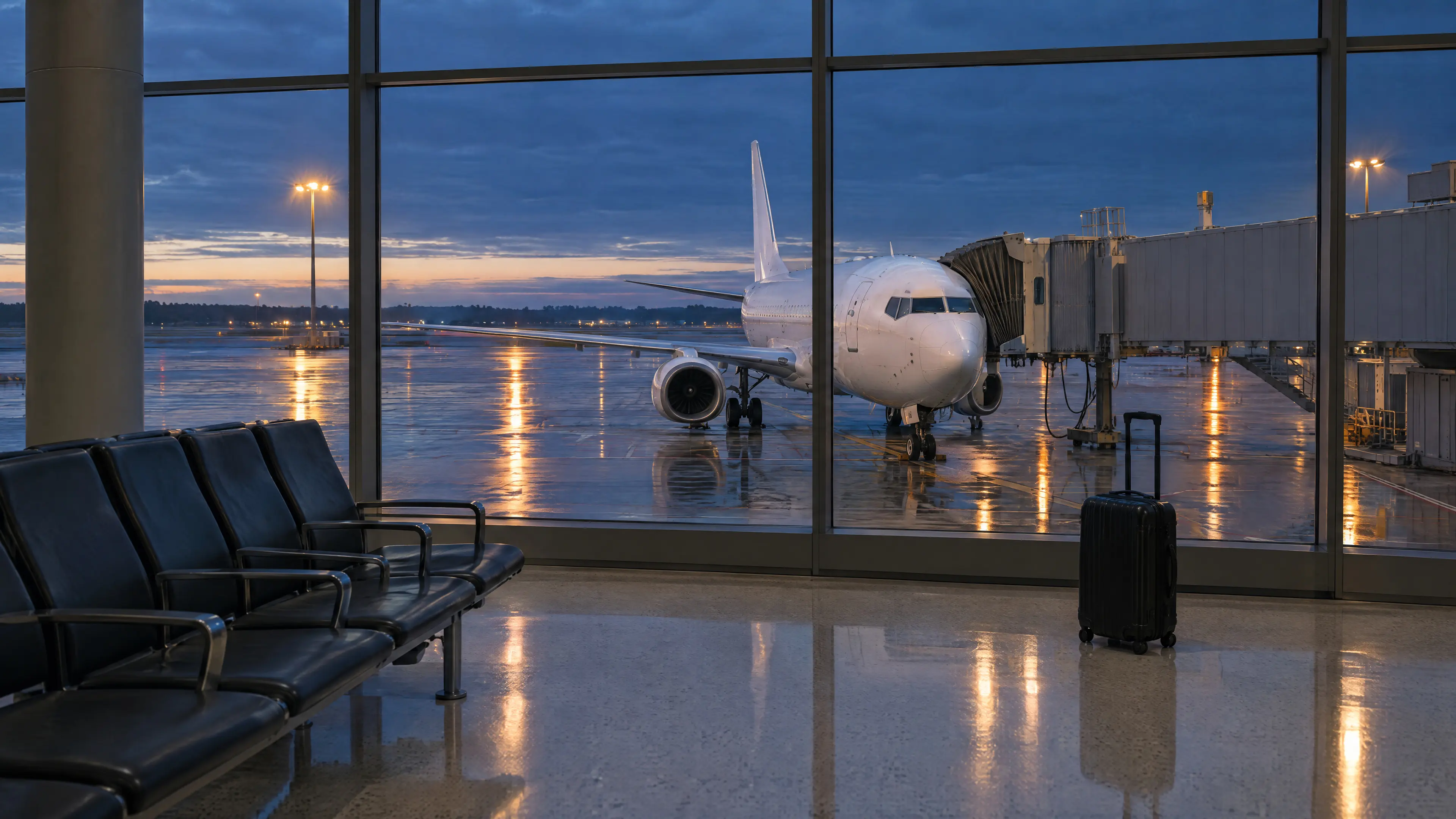 An airport gate before dawn, a white jet at the jet bridge on wet tarmac and a carry-on waiting by the glass