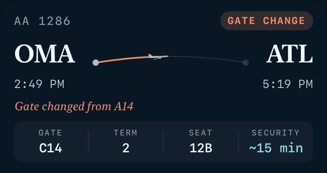 The same card marked Gate change: gate changed from A14, now C14