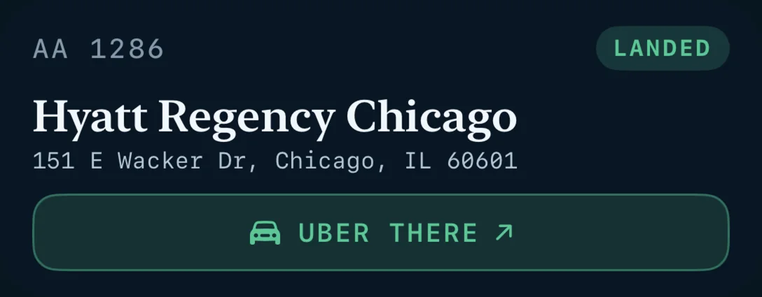 The same card marked Landed: Hyatt Regency Chicago, 151 E Wacker Dr, Chicago, IL 60601, with a button for a ride there