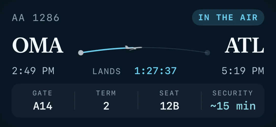 TickKet's Lock Screen card while the flight is up: AA 1286 in the air from OMA to ATL, lands in 1 hour 27 minutes, gate A14, terminal 2, seat 12B