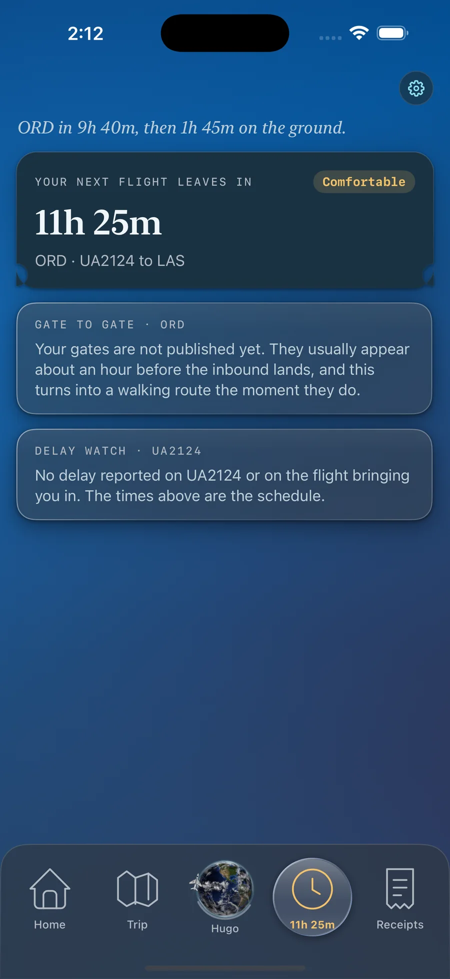 TickKet's Layover tab counting 11 hours 25 minutes to United 2124 out of Chicago, calling the connection comfortable, with a delay watch on the inbound flight