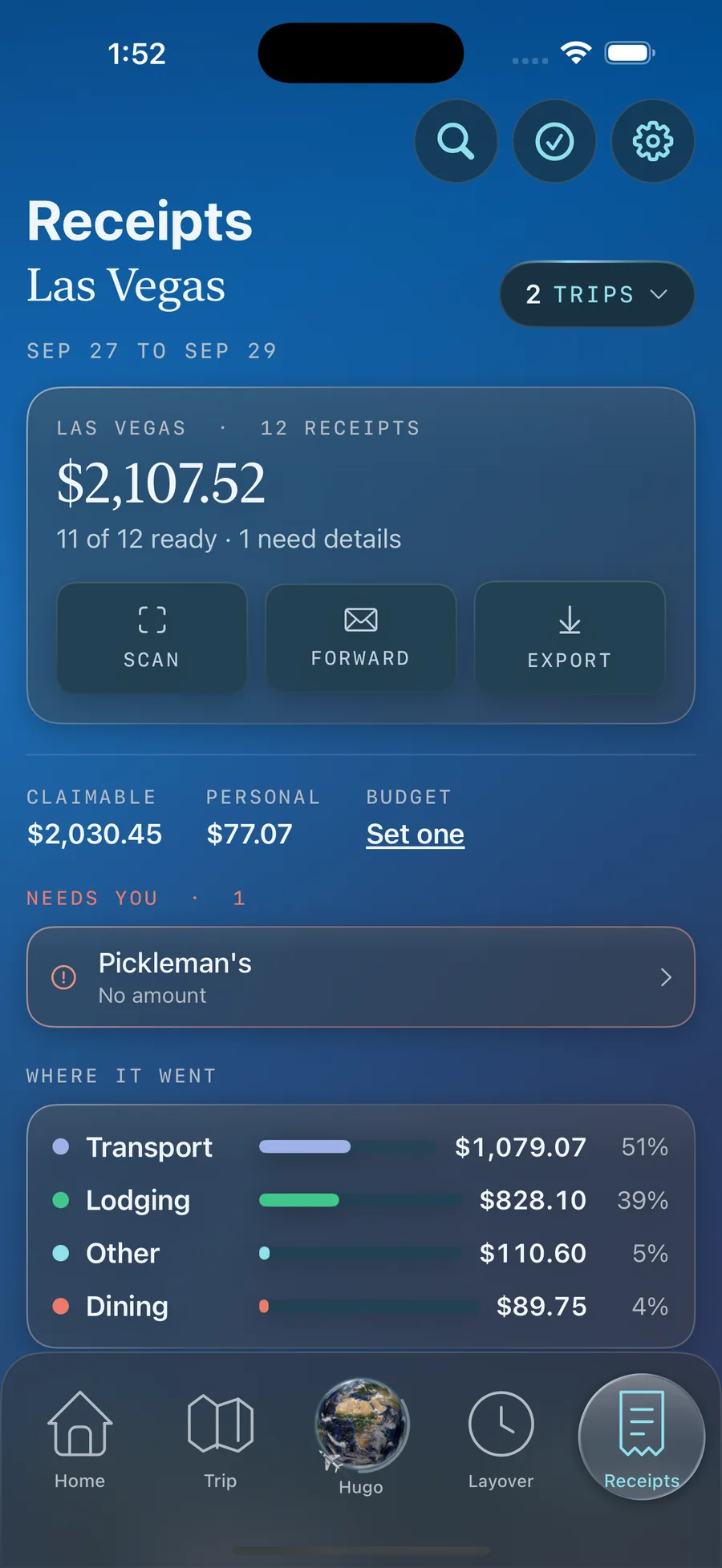 TickKet Receipts for a Las Vegas trip: twelve receipts totalling $2,107.52, eleven ready to submit, $2,030.45 claimable and $77.07 personal