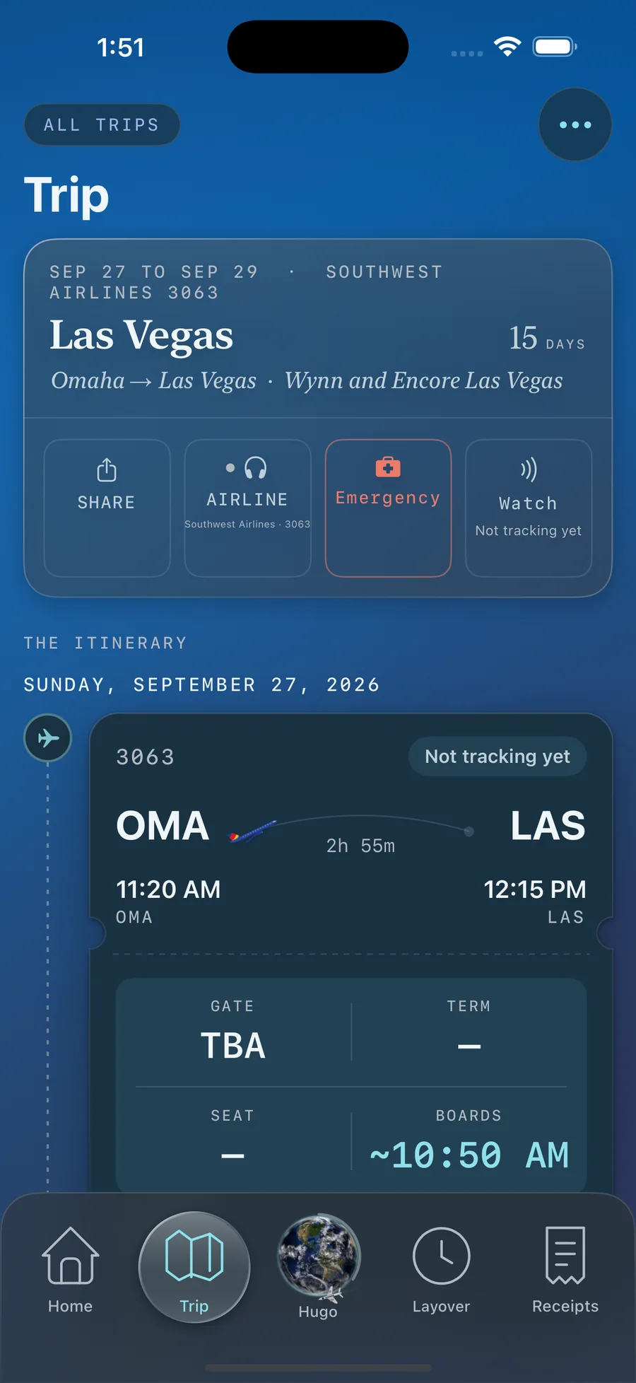 A TickKet trip to Las Vegas, 27 to 29 September on Southwest 3063 staying at Wynn and Encore, with the itinerary: OMA 11:20 AM to LAS 12:15 PM, boarding about 10:50 AM