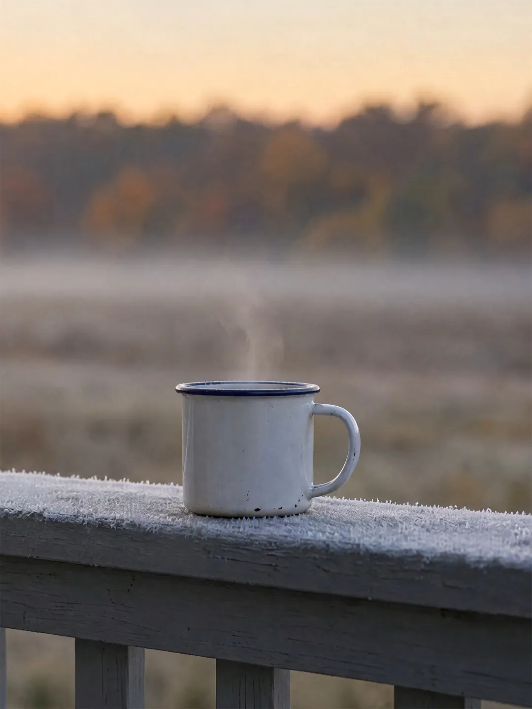 An enamel mug steaming on a frosted porch rail at sunrise, a misty field beyond