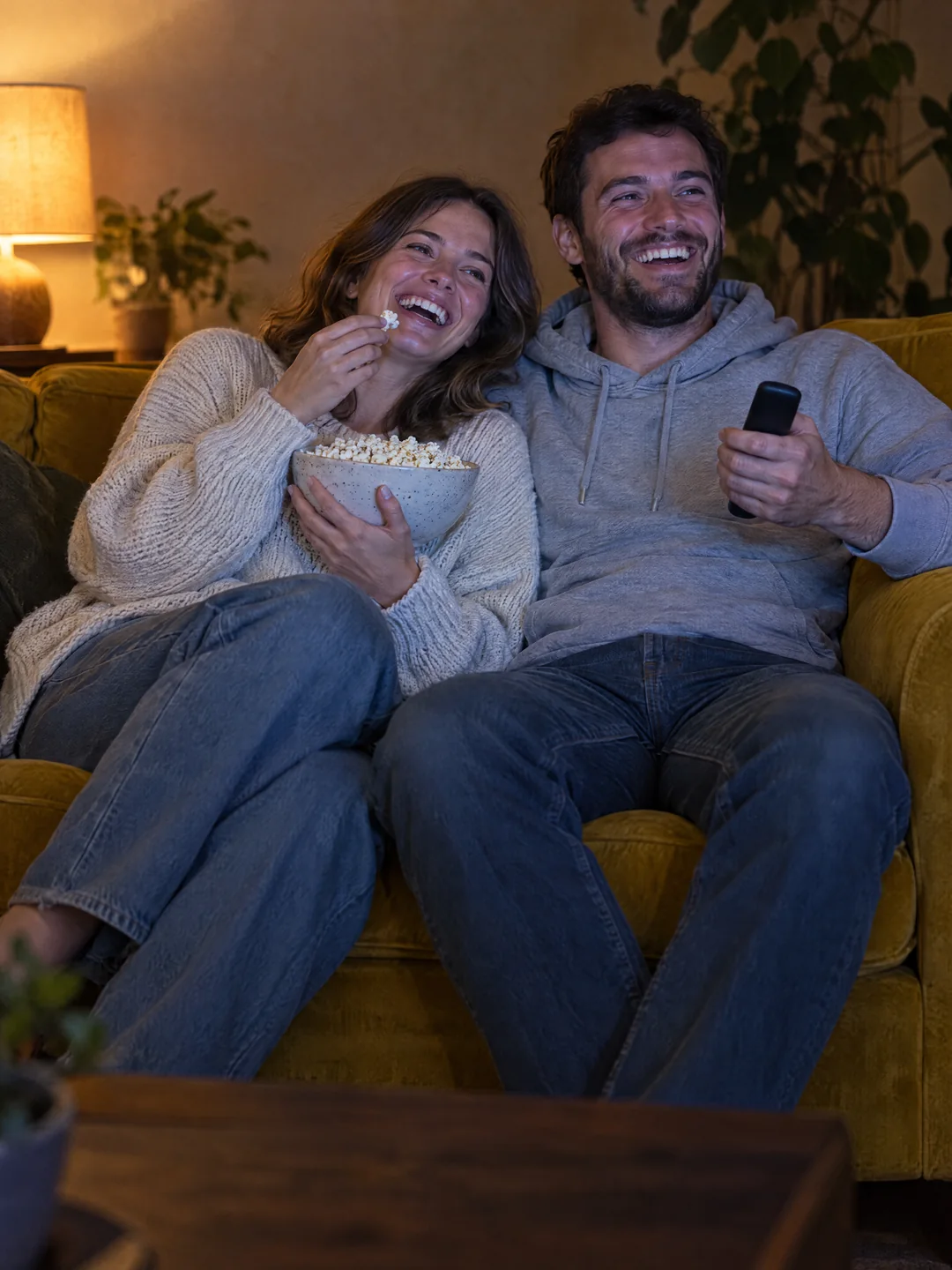 A young couple laughing at the TV on a mustard velvet sofa, she with a bowl of popcorn, he with the remote