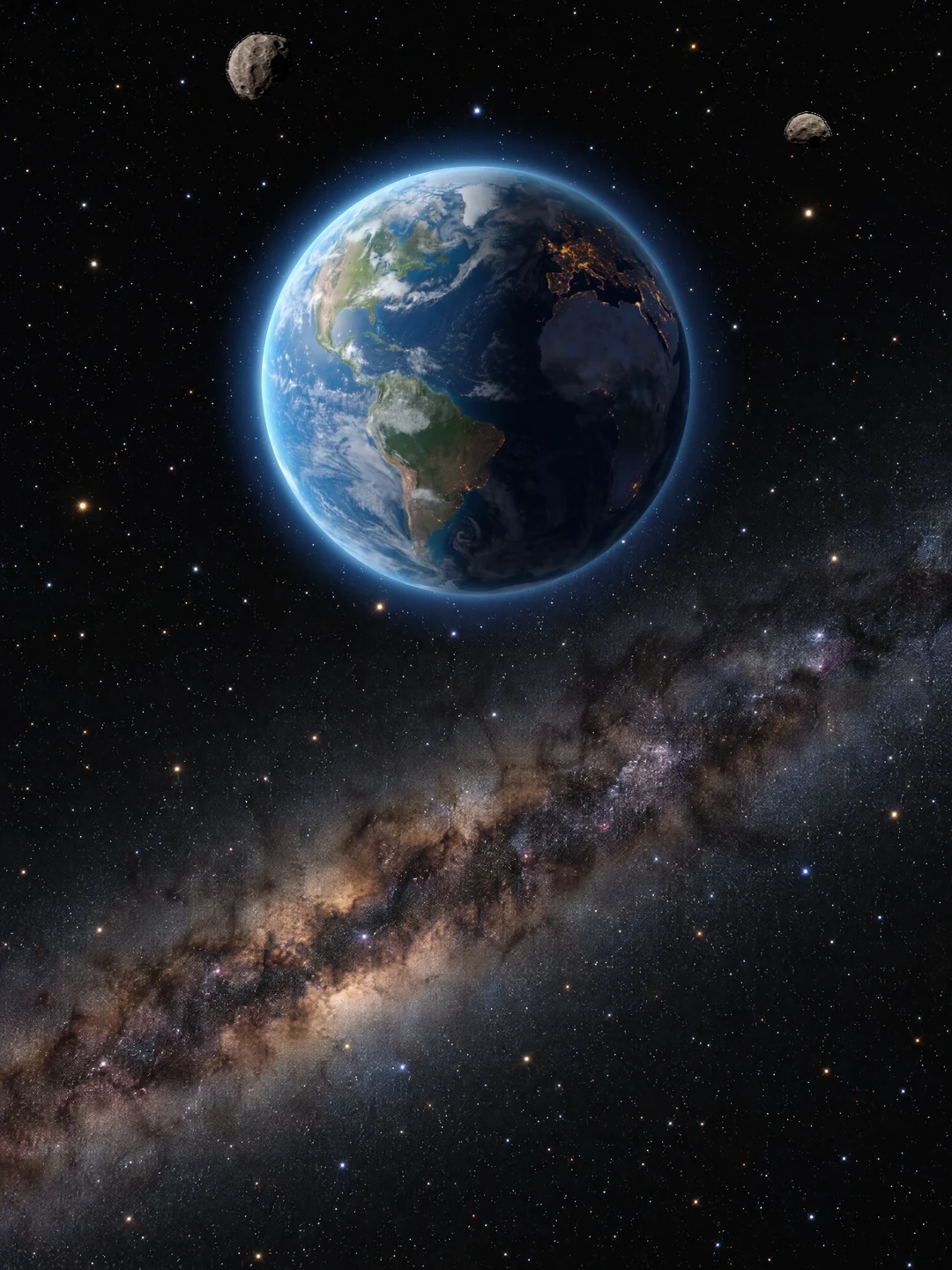 Earth in deep space, slowly turning, with the Milky Way below it and two small asteroids drifting past