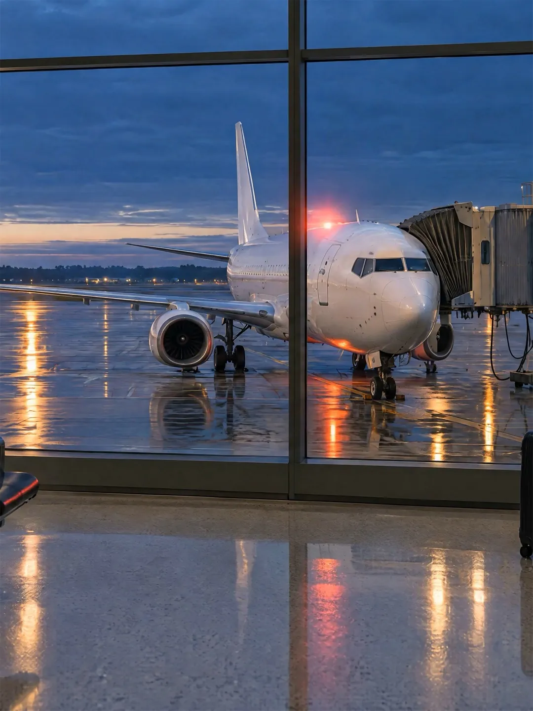 Through the terminal glass before dawn, a white jet waits at the jet bridge on wet tarmac, its beacon lit