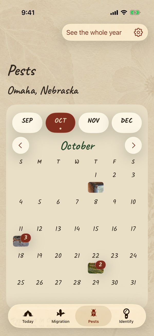 The Pests calendar for October, with photographs on the days pests are expected