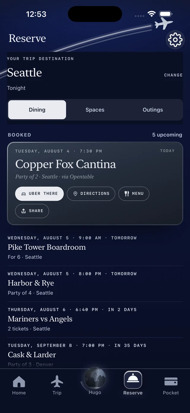 TickKet Reserve — the Dining tab for a Seattle trip, with booked tables and Uber there, Directions, Menu and Share on the next reservation