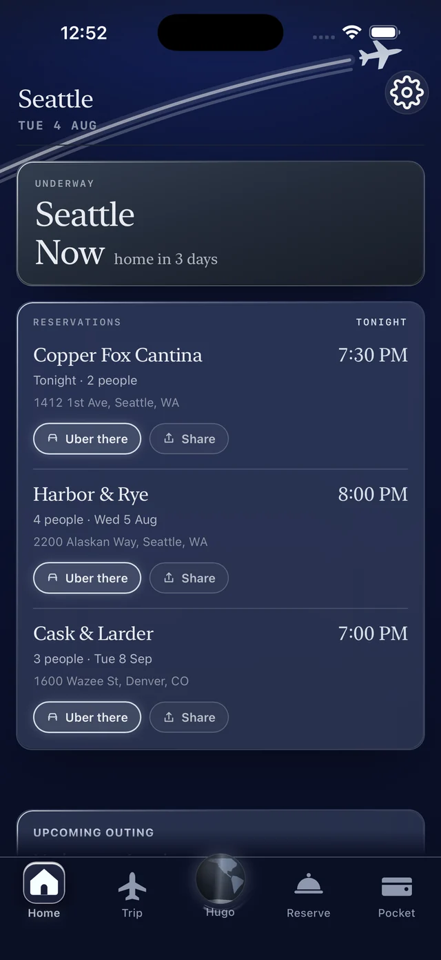 TickKet home screen — a Seattle trip underway with “home tomorrow,” upcoming reservations at The Purple Pig and Hearth & Rye with Uber and Share on each, and a Rockies vs Cubs outing further out