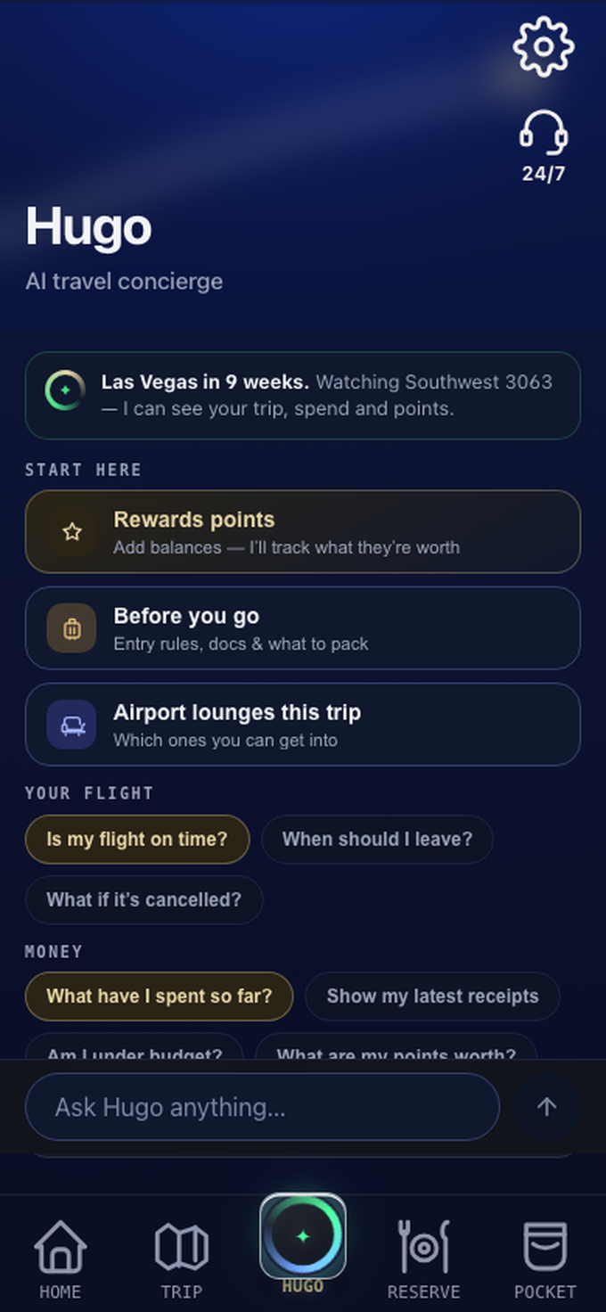 Hugo tab — starter cards for before-you-go prep, airport lounges, flight punctuality, reservations, and rewards points