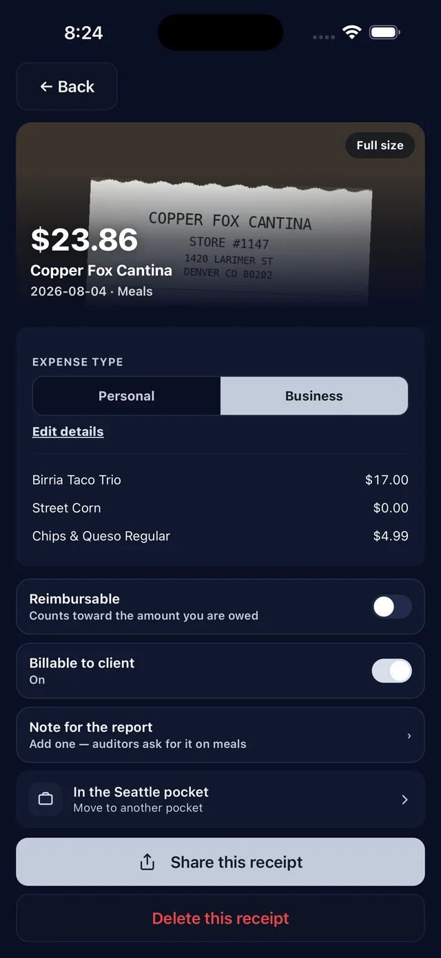 A receipt open in TickKet — The Purple Pig, $128.44, tagged Personal, filed to the Seattle pocket, with reimbursable and billable switches