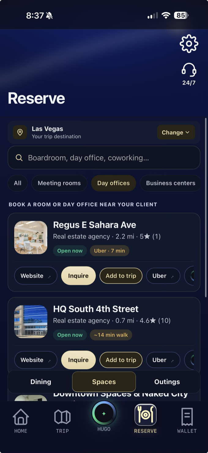 Reserve spaces — day offices and meeting rooms near your client with website, inquire, add-to-trip, and Uber actions