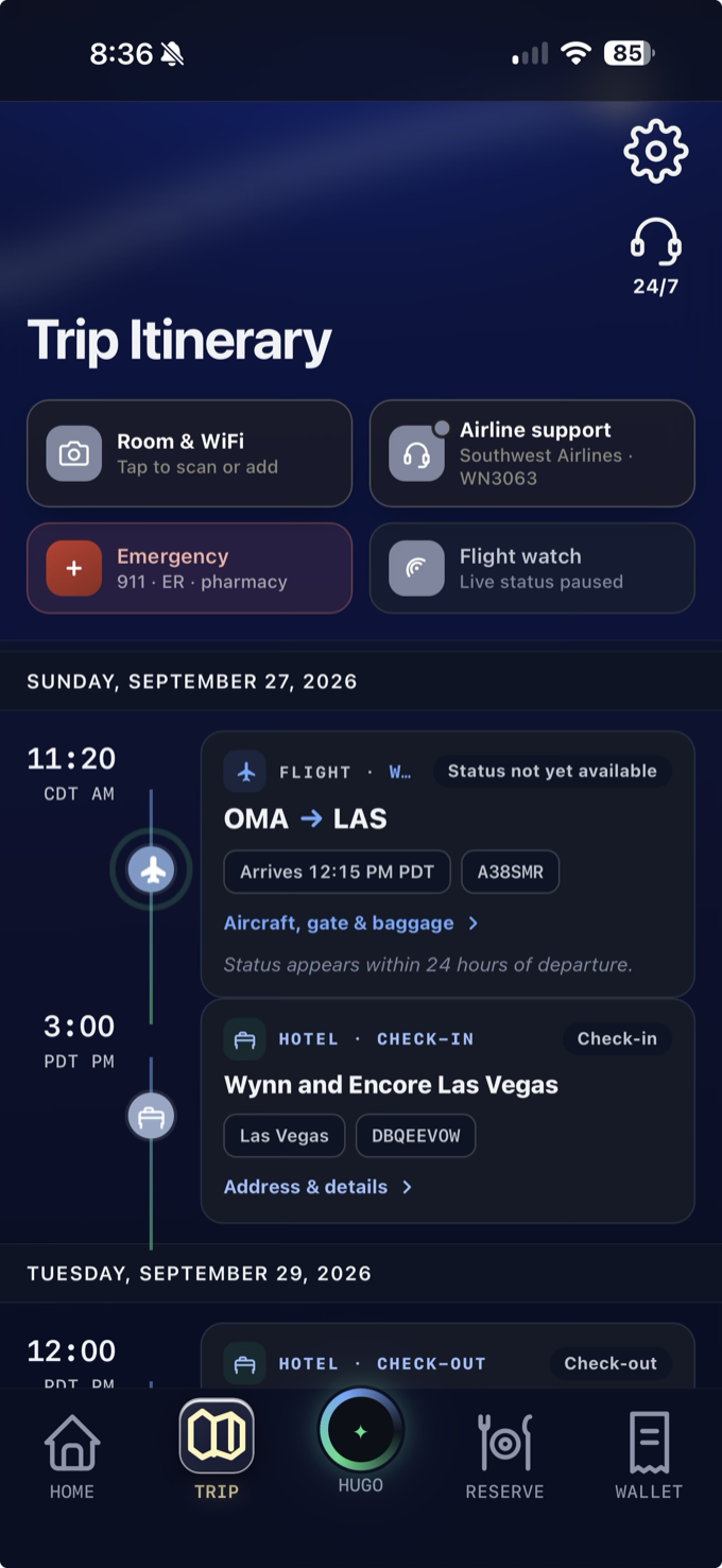 TickKet trip itinerary — Southwest Airlines flight from Omaha to Las Vegas and Wynn Las Vegas check-in and check-out on one timeline